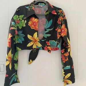 Vintage J. Harris Black‎ Floral Cropped Top with Tie at Waist Size M Cotton